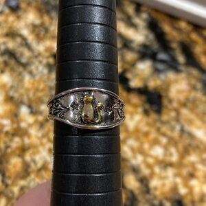 Sterling Silver Cat Ring with Gold Accents adjustable band